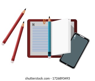 Vector illustration of a notepad with a smart phone
and pencil, concept for home learning.notepad or notes application icon for smartphone.