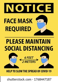 Vector illustration of Notice, Face Mask Required, Please Maintain Social Distancing, with a person wear a mask.