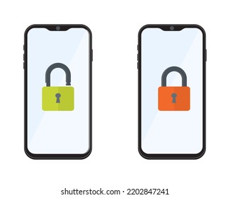Ilustración vectorial de una notificación de un teléfono móvil bloqueado y desbloqueado. Seguridad de smartphone, acceso personal, autorización de usuario, inicio de sesión, tecnología de seguridad.