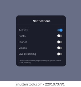 Vector Illustration notification settings option in dark mode. 