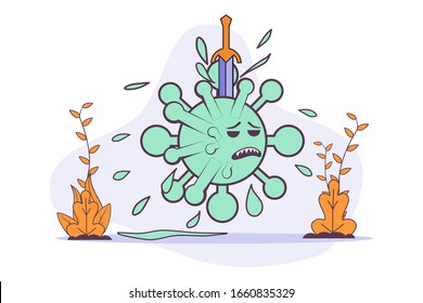 vector illustration novel coronavirus covid-19 sars cov 2 defeated. virus vaccine medicine founded. corona virus successfully tamed. 