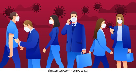 Vector Illustration of novel coronavirus Covid-19 (2019-nCoV), people in white medical face mask. Concept of coronavirus quarantine.