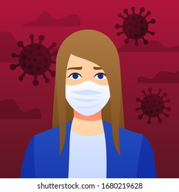 Vector Illustration of novel coronavirus Covid-19 (2019-nCoV), scared woman in white medical face mask. Concept of coronavirus quarantine.
