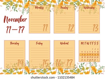 Vector illustration of November 2019 Weekly planner with abstract autumn background. For print notebooks, format A5. Cute page for notes. Daily planner 2019 calendar for companies and private use.