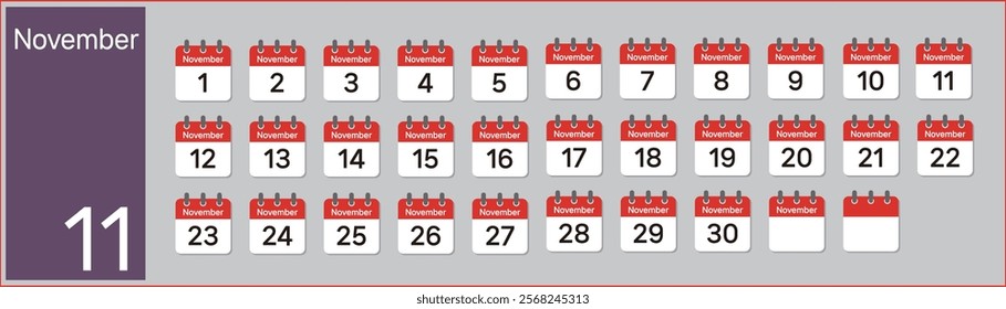 Vector (Illustration) of November calendar made with numbers in the shape of icons