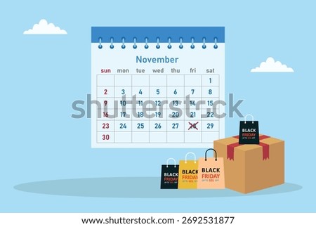 Vector illustration of a november calendar marking black friday with shopping bags and gift boxes, symbolizing big sales, discounts, and holiday shopping excitement

