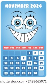 Vector illustration November Cartoon theme Calendar 2024 Editable Template