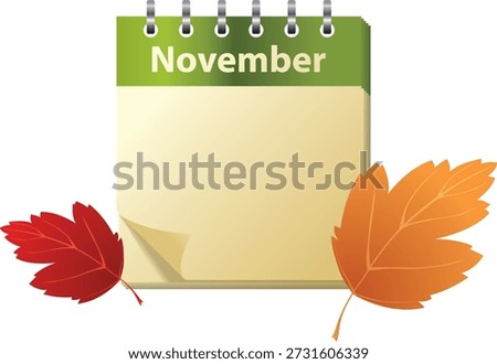 A vector illustration of a November desk calendar featuring a green ring-bound top and blank page for notes. Decorated with red and orange autumn leaves, this design evokes the fall season and is ideal for seasonal planning or autumn-themed graphics.
