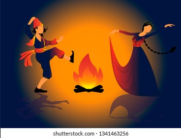 vector illustration of Novruz Bayram celebration, traditional characters Kosa and Bahar dancing around bonfire , spring holiday