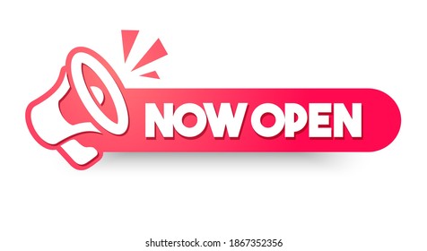 Vector Illustration Now Open Sign With Megaphone.