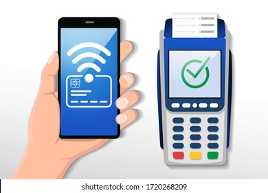 Vector illustration of NSF payment approved at the terminal. Mobile payments from a smartphone.
