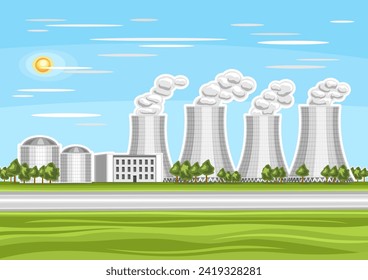 Vektorgrafik des Kernkraftwerks, horizontales Poster mit Cartoon-Design-Kernkraftwerk auf blaubewölktem Himmelshintergrund, moderne Atomenergiestadt mit Bäumen und futuristische moderne Gebäude