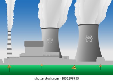 vector illustration of a nuclear power plant, with smoking cooling towers and radiation hazard signs