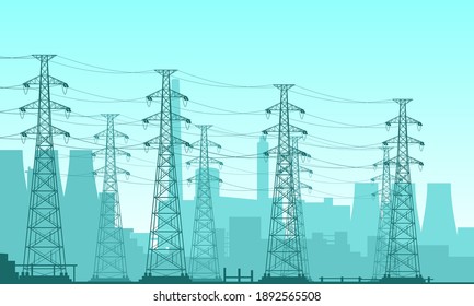 Ilustración vectorial de un campo de una central nuclear. Adecuado para el diseño de elementos de las compañías de energía, gran tecnología eléctrica, redes de alta tensión. Fondo de silueta de la planta de energía.