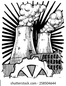 Vector illustration of  nuclear power plant  stylized as engraving.