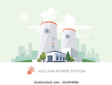 Vector illustration of nuclear power plant factory icon with sun and urban city skyscrapers skyline on green turquoise background.