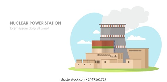 Ilustración vectorial de una central nuclear con humo, sobre fondo azul, concepto de producción de energía. Ilustración vectorial