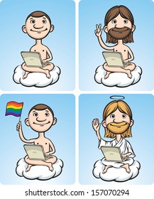 Vector illustration of Nude cartoon men on a cloud with laptop. Easy-edit layered vector EPS10 file scalable to any size without quality loss. High resolution raster JPG file is included.