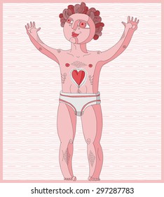 Vector illustration of nude man, Adam concept. Hand drawn image of person isolated on white symbolizing love and goodness. 
