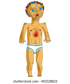 Vector illustration of nude man, Adam concept. Hand drawn image of person isolated on white symbolizing love and goodness. 