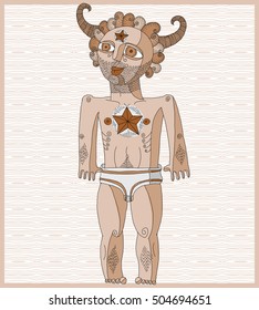 Vector illustration of nude man, mythic creature. Hand drawn image of person isolated on white symbolizing love and goodness. 
