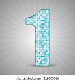 Vector illustration of number 1 made of square blue mosaic. Vector alphabet, type, font with latin figures. Ornament with squares tiles for your floor, wall, bathroom, pool.