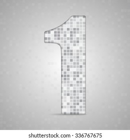 Vector illustration of number 1 made of square grey mosaic. Vector alphabet, type, font with latin figures. Ornament with squares tiles for your floor, wall, bathroom, pool.