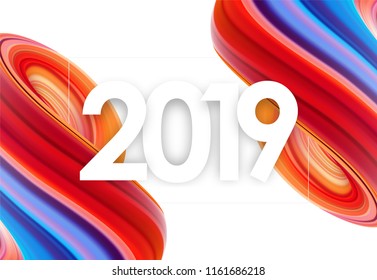 Vector illustration: Number of 2019 with colorful abstract fluid shape. Trendy design