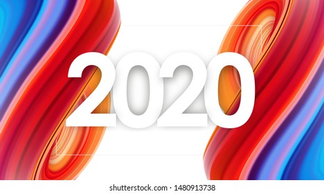 Vector illustration: Number of 2020 with colorful abstract fluid shape. Trendy design