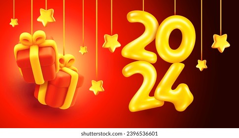 Vector illustration of number 2024 with gift box and golden star hanging on rope on red color background. 3d style winter holiday design of happy new year 2024. Decorative symbol for greeting card