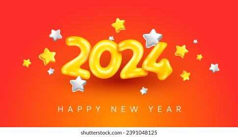 Vector illustration of number 2024 with golden and silver star on red color background. 3d style winter holiday design of happy new year 2024. Decorative symbol for greeting card, web, banner, poster