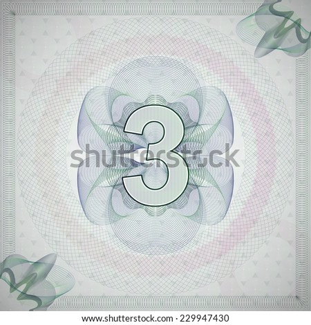 vector illustration of number 3 (three) in guilloche ornate style. monetary banknote background