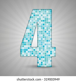 Vector illustration of number 4 made of square blue mosaic. Vector alphabet, type, font with latin figures. Ornament with squares tiles for your floor, wall, bathroom, pool.