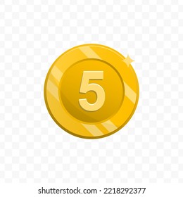 Vector illustration of number 5 coin in gold color on transparent background (PNG).