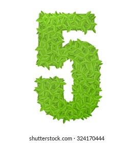 Vector illustration of number 5 consisting of green leaves