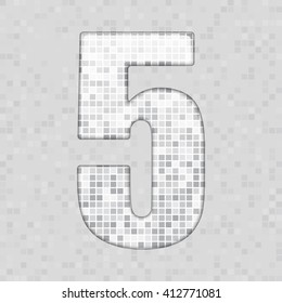 Vector illustration of number 5 made of square grey mosaic. Vector alphabet, type, font with latin figures. Ornament with squares tiles for your floor, wall, bathroom, pool.