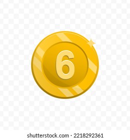 Vector illustration of number 6 coin in gold color on transparent background (PNG).