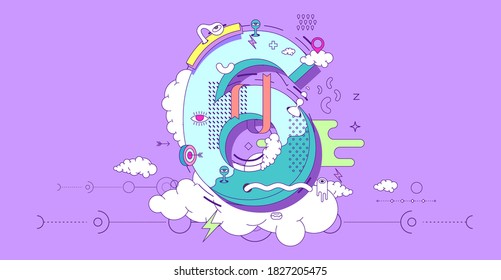 Vector illustration. Number 6 with doodle-style objects.