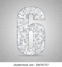 Vector illustration of number 6 made of square grey mosaic. Vector alphabet, type, font with latin figures. Ornament with squares tiles for your floor, wall, bathroom, pool.