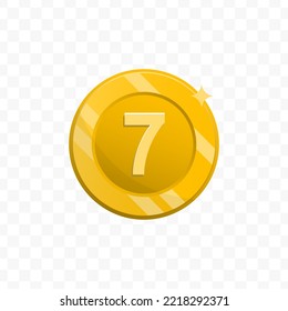 Vector illustration of number 7 coin in gold color on transparent background (PNG).