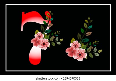 Vector illustration, number 7 with flowers watercolor design - modern pattern