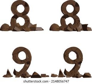 The vector illustration of the number 8 and 9 cracked stone