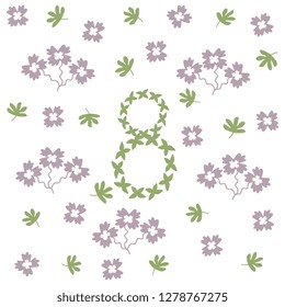 Vector illustration with the number 8, made from green leaves, purple flowers on a white background, handmade, artistic. Cute March 8th greeting card design template.