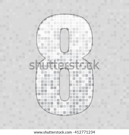 Vector illustration of number 8 made of square grey mosaic. Vector alphabet, type, font with latin figures. Ornament with squares tiles for your floor, wall, bathroom, pool.