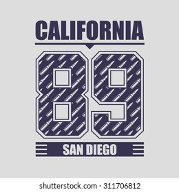vector illustration. number 89 with the inscription of California, San Diego. print T-shirt