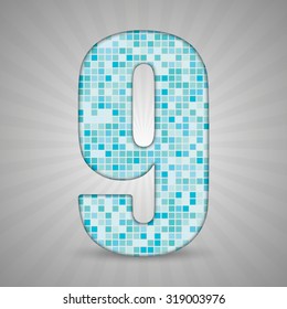 Vector illustration of number 9 made of square blue mosaic. Vector alphabet, type, font with latin figures. Ornament with squares tiles for your floor, wall, bathroom, pool.