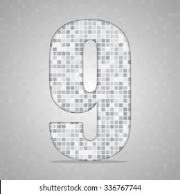 Vector illustration of number 9 made of square grey mosaic. Vector alphabet, type, font with latin figures. Ornament with squares tiles for your floor, wall, bathroom, pool.
