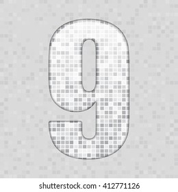 Vector illustration of number 9 made of square grey mosaic. Vector alphabet, type, font with latin figures. Ornament with squares tiles for your floor, wall, bathroom, pool.