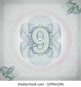 vector illustration of number 9 (nine) in guilloche ornate style. monetary banknote background