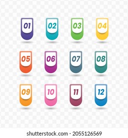 Vector illustration of number bullet points from one to twelve with a transparent background (PNG).